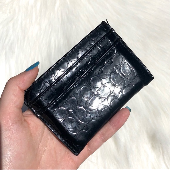 Coach signature black leather key and card holder